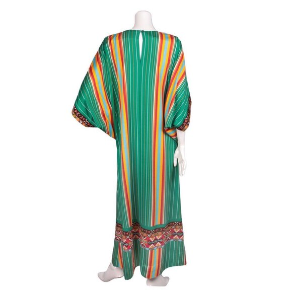 Vintage Gottex Maxi Caftan Dress Boho Kimono Hippie Stripe Green Yellow Red 70s - Picture 9 of 11